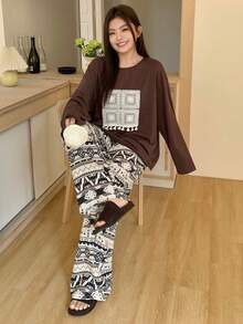 Dazy Plus 2pcs/Set Floral Print Loose Long Sleeve Top And Long Pants Pajama Set, Plus Size Women Spring/Autumn - Brown - View 7