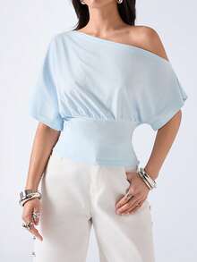 LYSMO 2026 New Arrive Minimalism Spring/Summer Women's Lace Patchwork Ruffle Asymmetric Shoulder Casual Versatile Daily T-Shirt - Mint Blue - View 4