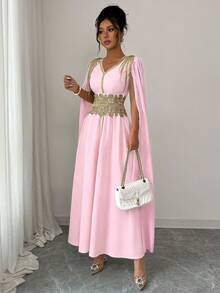 Elenzga Women's V-Neck Ruched Waist Elegant Long Party Dress - Pink - View 5