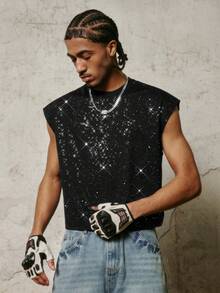 PAVTROS Men's Casual Shiny Round Neck Tank Top, Summer Sparkly Top Men Streetwear - Black - View 6