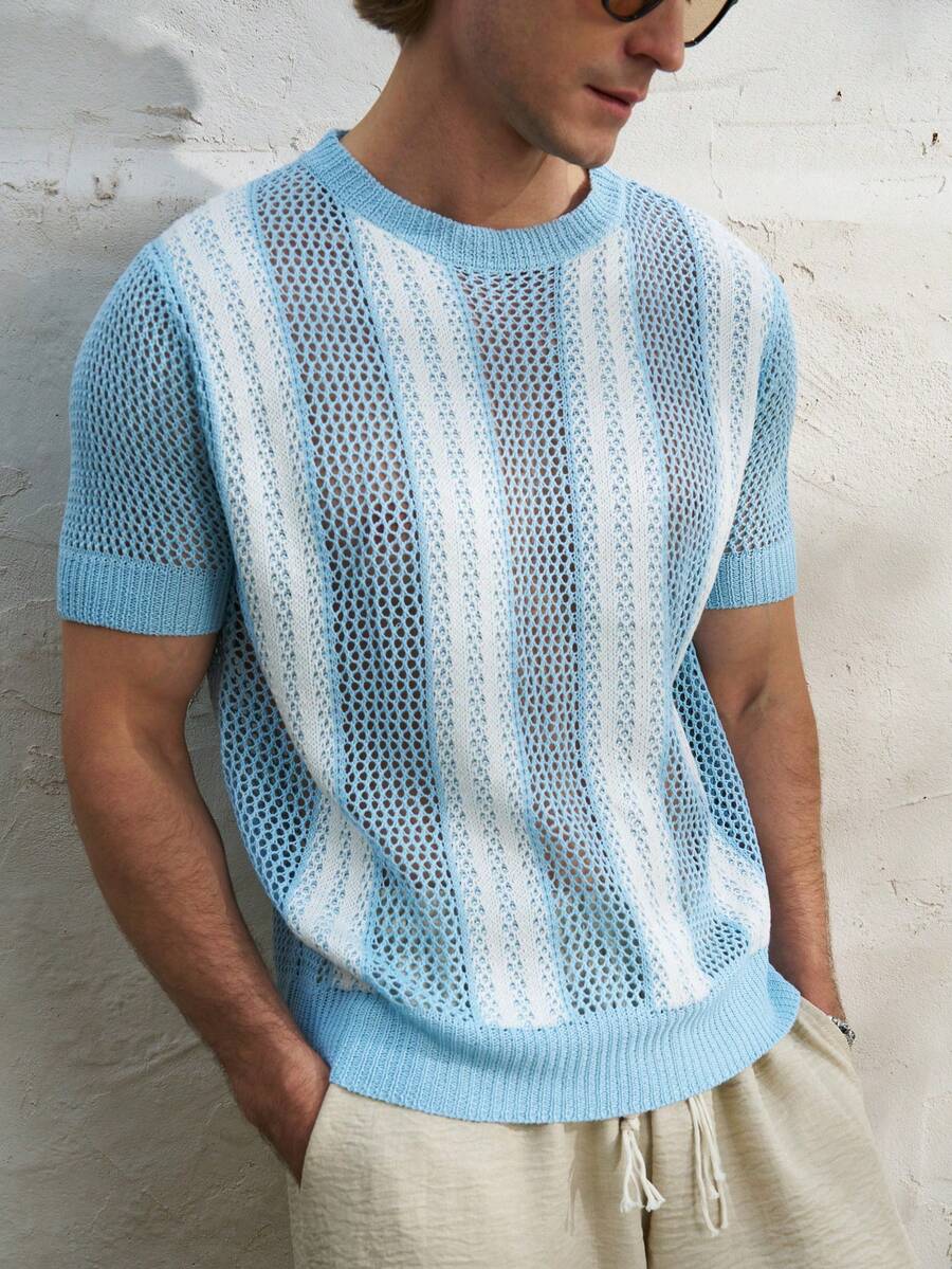 Manfinity Dauomo 条纹针织宽松镂空套头毛衣 - 藍色 - 查看 1