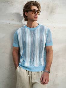 Manfinity Dauomo 条纹针织宽松镂空套头毛衣 - 藍色 - 查看 6