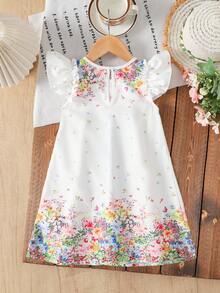 Young Girls Casual Everyday Vacation Floral Print Cap Sleeve Dress - Multicolor - View 2