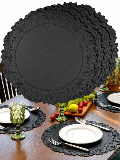 1PC/6PCS Black Thickened Vintage Lace Leather RoundPlacemats, Washable Heat Insulation Mats Suitable ForRestaurants, Hotels, Home