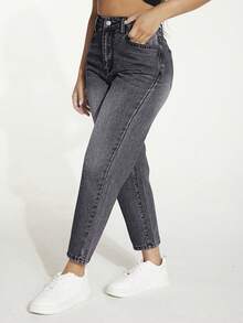 SHEIN PETITE Jeans casuales de tiro alto y corte entallado - Negro - Ver 1