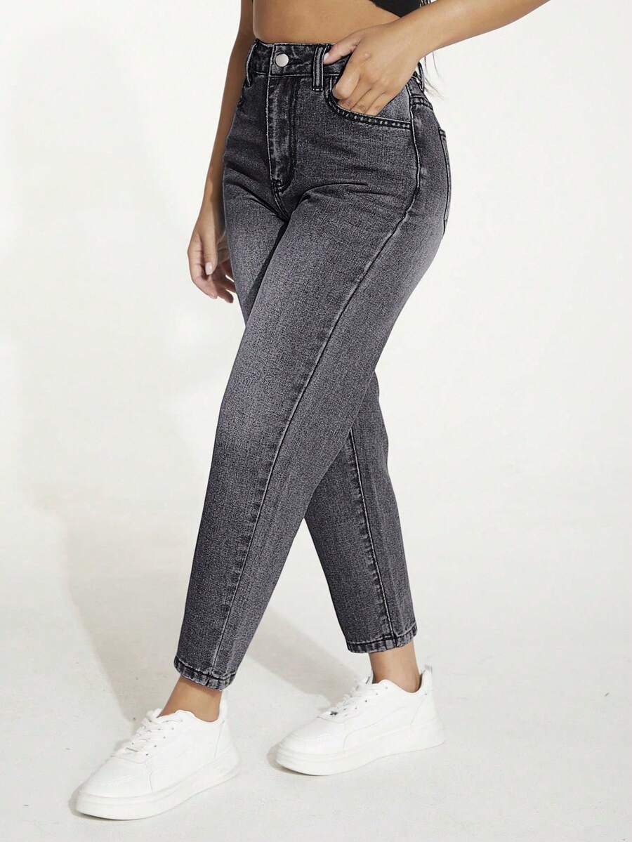 SHEIN PETITE Jeans casuales de tiro alto y corte entallado - Negro - Ver 1