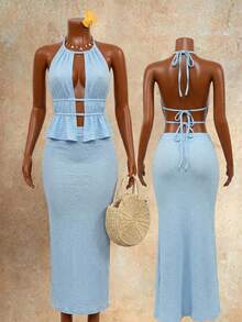 BamGleam Conjunto de 2 piezas con falda maxi con cintura anudada y cuello halter para mujer - Azul - Ver 8