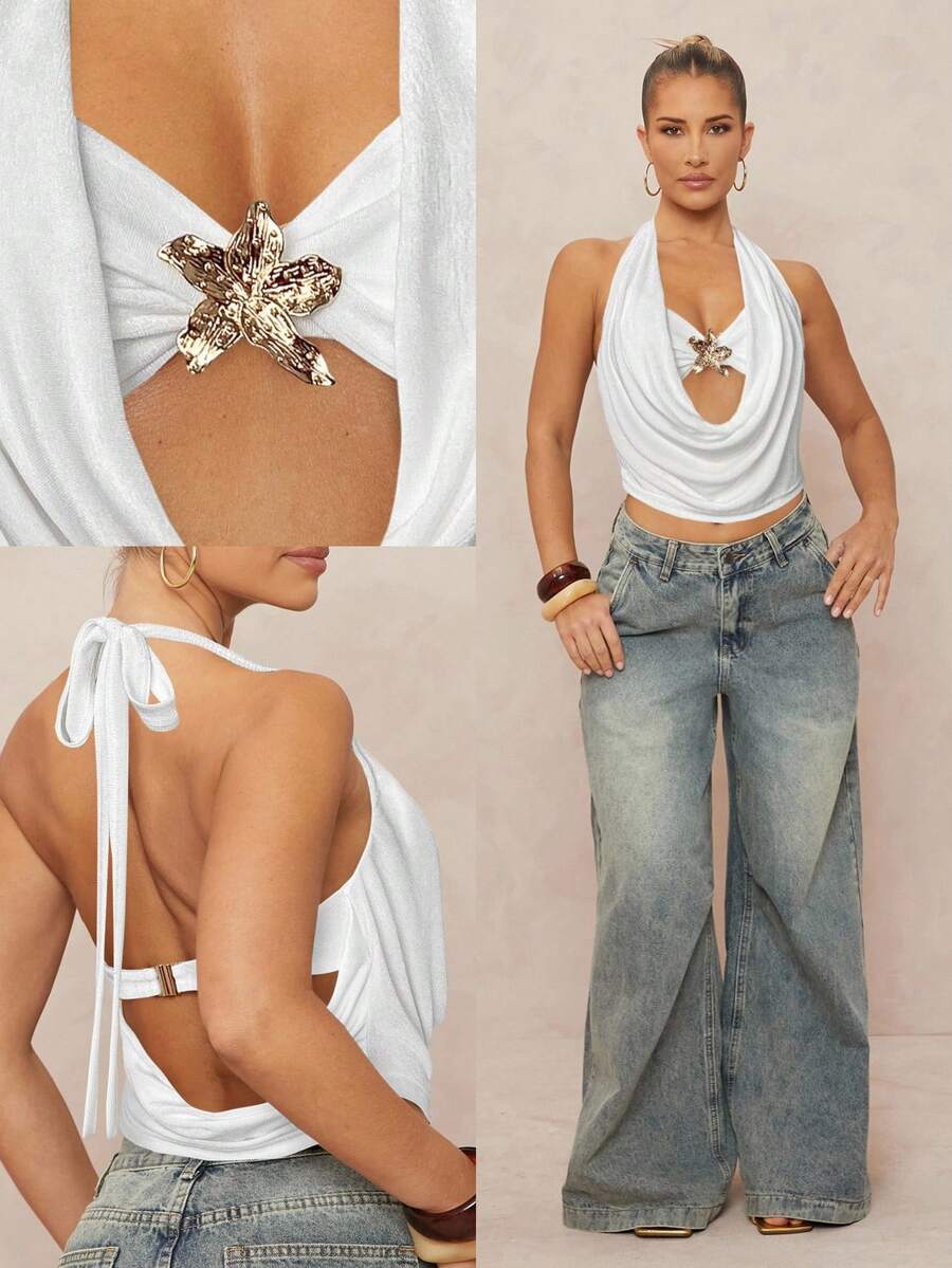 Lumalex 春季郊游夏季泳装泳衣泳装度假复活节波西米亚风海滩热门户外丰富层次婚礼季宴会成人礼海滩海边女士露背扭结花卉装饰无袖紧身白色上衣，毕业典礼，教师节，返校季可重复穿着甜心性感上衣性感迷人优雅别致意想不到的礼物她一定会喜欢