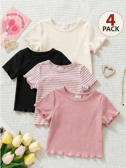 4 Pack Toddler Girl Baby Girls Outfit SS Style Cute Pink Tops Black Top Striped Polka Dot Aesthetic Short Sleeve Lettuce Trim Squishy Soft Tees Shirts Blusas T-Shirts For Summer Vacation Daily Wearing Season