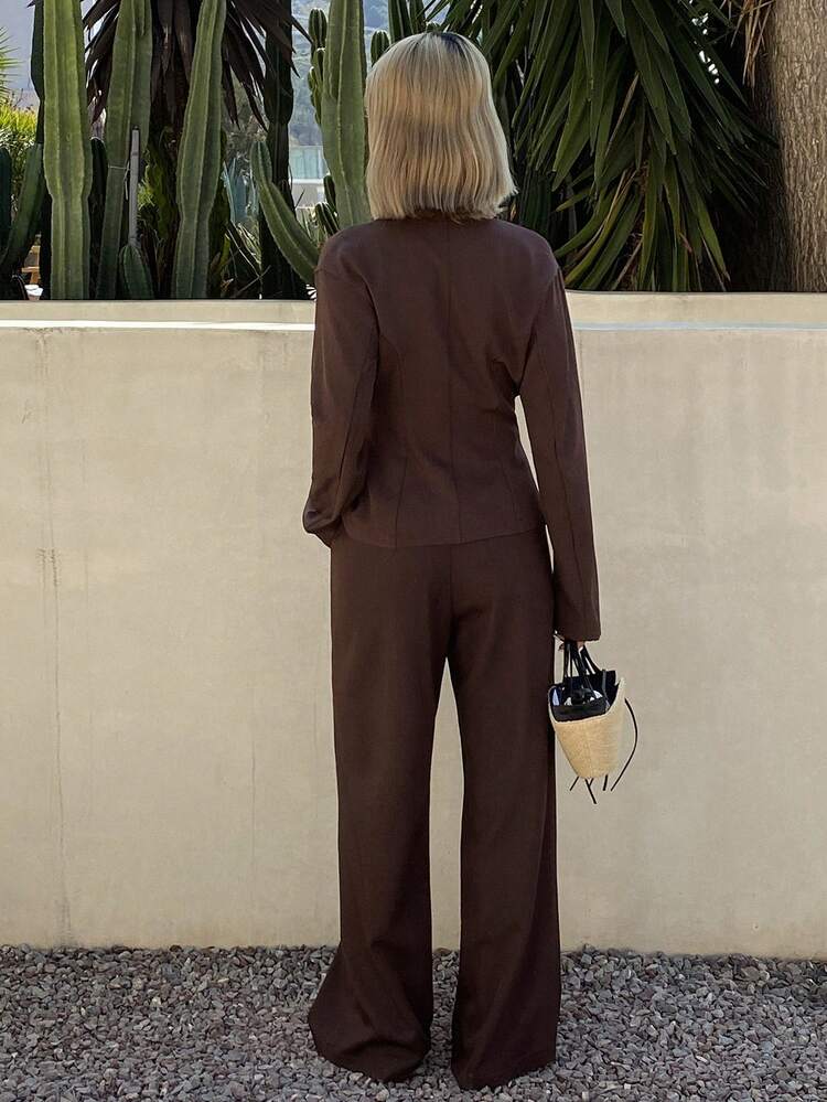 2pcs Women's Casual Collared Waist Top And Solid Color Pants Set, Suitable For Commuting And Office, Spring/Summer