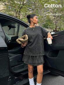 Muchica 黑色针织女式圆领落肩荷叶边下摆水洗连衣裙 - 黑色 - 查看 1