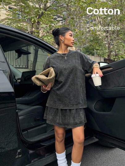 Muchica Summer Black Knit Women's Round Neck Drop Shoulder Ruffle Hem Wash Dress ,Summer Dress,Spring Dresses For Women