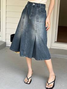 DAZY 女士常规腰围百褶裙，休闲青春牛仔A字裙 - 中等水洗藍 - 查看 4