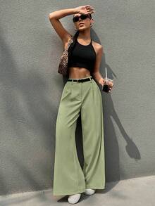 SHEIN EZwear Casual Versatile Commuter Solid Color Belted Wide Leg Pants - Fresh Green - View 6