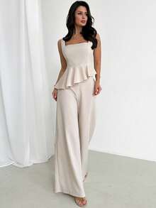 Firerie Bộ đồ nữ thanh lịch, tối giản, thời trang hàng ngày, ôm sát, gồm áo crop top không tay dáng chữ A và quần ống rộng, màu kaki trơn, chất liệu vải dệt họa tiết, thích hợp làm trang phục giáo viên, công sở. - Màu Khaki - Xem 8