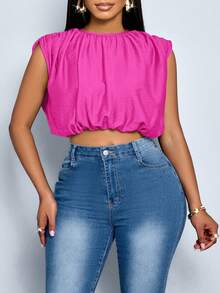 SOLERSUN Women's Plus Size Simple Spring Summer Daily Wear Solid Color Ruched Sleeveless Shirt - Hot Pink - View 4