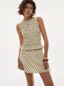 Poéselle Women's 2ps Retro Polka-Dot Smocked Peplum Tank & A-Line Mini Skirt Co-Ord Set – Playful Summer Brunch & Vacation Look Polka Dot Two Piece Set, Smocked Top, Mini Skirt Outfit, Summer Co-Ord, Retro Polka Style, Vacation Matching Set, Playful Brunch Look Polka Dot Print Pleated Sleeveless Top And Skort Casual Suit Women's Summer Set  Beach Set Vacation Outfits Women Polka Dot Set - Apricot - View 6