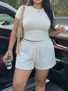 Muchica Plus Size Women Casual 2-Piece Set,For Daily Commute,Date, Commute, Party,Fall /Autumn/Winter/Summer,Christmas,New Year,Thanksgiving,Party,Wedding,Beach,Graduati,Chic,Elegant,Casual,Going Out,Date,Appointment,Commute,Shining,Valentine's Day,Elegant ,Vacation,Casual,Y2k,Sexy, Summer Outfits - Grey - View 1