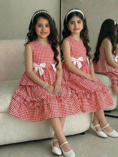 SHEIN Tween Girl Casual Patchwork Round Neck Color Block Bow Decor Dress