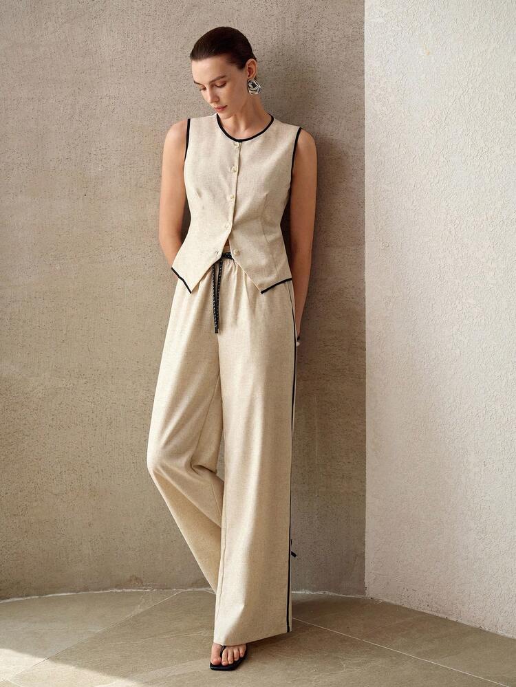 CONTRAST BINDING BUTTON PLACKET SLIM WAIST TANK TOP