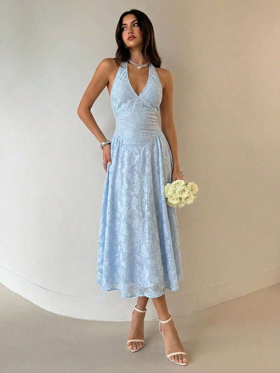 Aloruh Women's Halter A-Line Mid-Length Dress, Spring/Summer