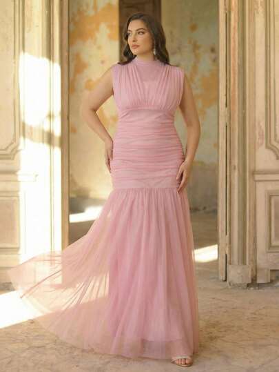 Aureia Plus Size Elegant Romantic Light Pink Mandarin Collar Cap Sleeve Fitted Fishtail Hem Dress, Suitable For Vacation, Evening Party, Date, Ball, Wedding, Bridesmaid