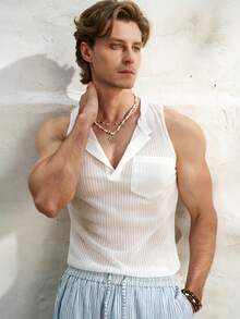 Airaco 男士透视条纹无袖紧身背心 - 白色 - 查看 5