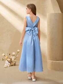 Tween Girl Elegant Blue Lace Bow Sleeveless Long Fitted Dress, Suitable For Evening Party, Christmas, Halloween, Wedding, Prom, Graduation, Back To School And Other Occasions - Blue - View 2