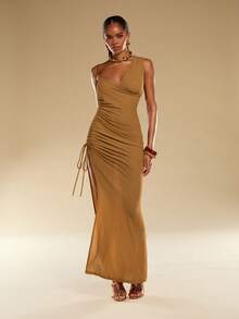 女士纯色褶皱不对称领口侧抽绳无袖性感连衣裙 - 橘色 - 查看 5