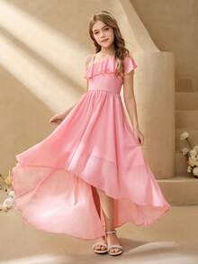 SHEIN Đầm dự tiệc màu trơn xếp nếp vạt lệch cho bé gái tuổi teen - Hồng - Xem 8
