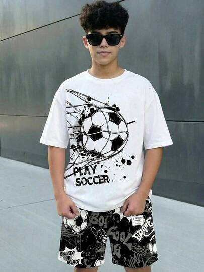 青少年男童休闲舒适简约圆领短袖T恤和短裤套装