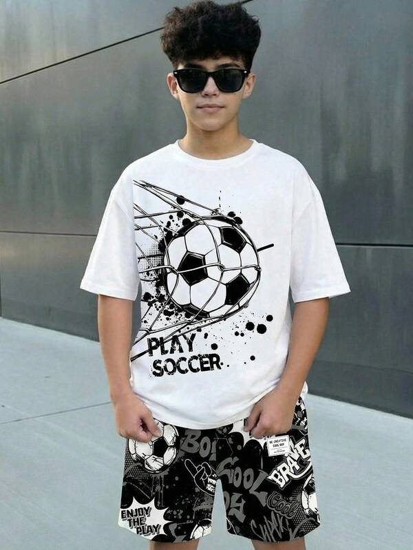 青少年男童休闲舒适简约圆领短袖T恤和短裤套装