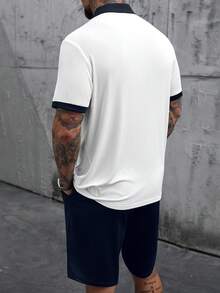 Manfinity CasualCool 男士撞色滚边纽扣短袖衬衫和纯色短裤套装 - 藏蓝色 - 查看 2