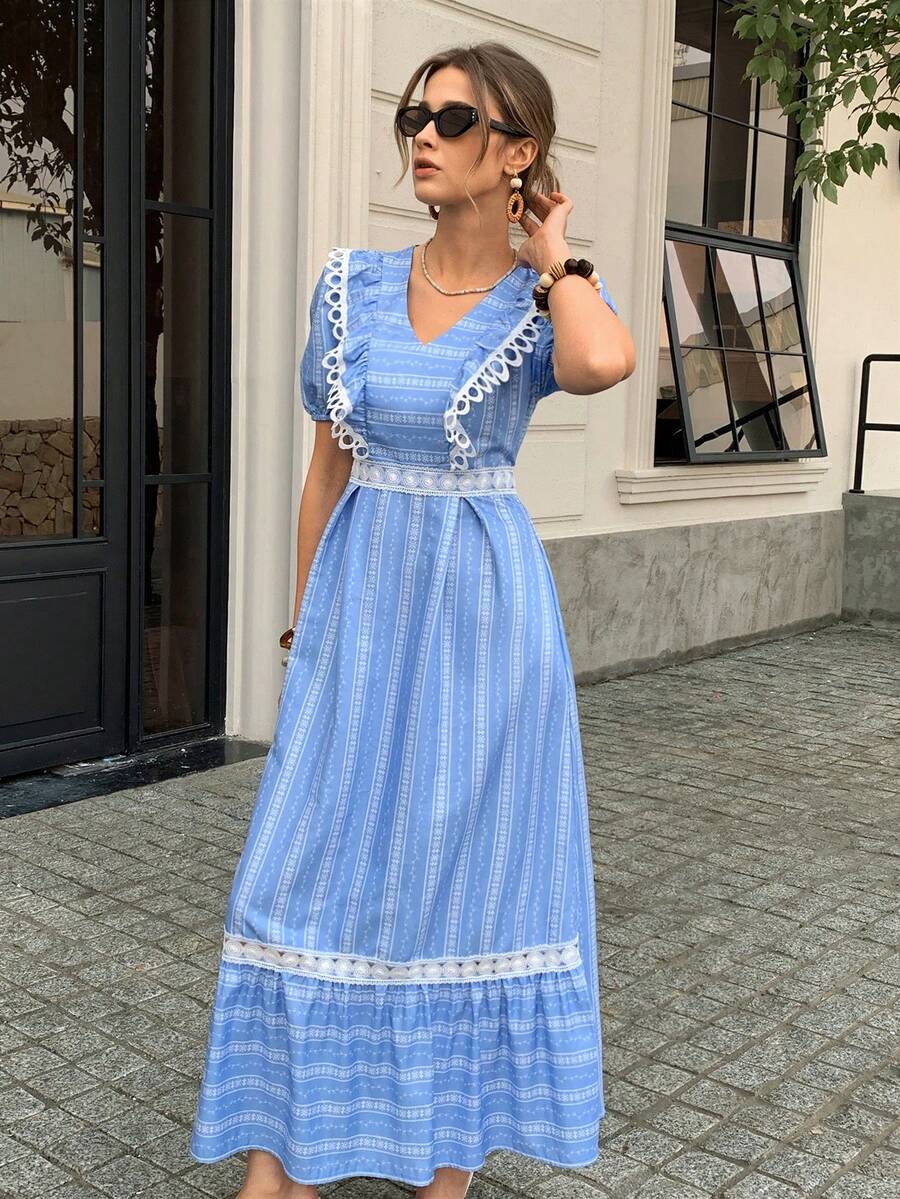 Elyressa Ditsy Floral Contrast Lace Trim V-Neck Lantern Sleeve Waist Fit Flared Hem French Style Women Dress