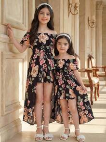 SHEIN 年輕女孩花卉印花露肩荷葉邊高低底短連體褲 - 黑色 - 查看 1