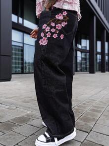 Artur Kramer Men's Street Fashion Casual Plaid Embroidered Floral Design Straight Leg Wide Leg Jeans Baggy Jeans With Design Valentine's Day Y2k Spring To Summer - Black - View 4