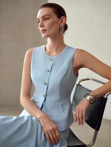 MOTF PREMIUM SILVER ROSE BUTTON ELEGANT SLEEVELESS BLAZER VEST - Baby Blue - View 1