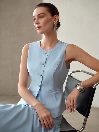 MOTF PREMIUM 银玫瑰纽扣优雅无袖西装背心