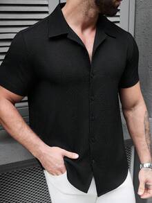 SLATEMANN 男士夏季休閒日常通勤度假簡約純色紋理布料短袖襯衫，正式款 - 黑色 - 查看 3