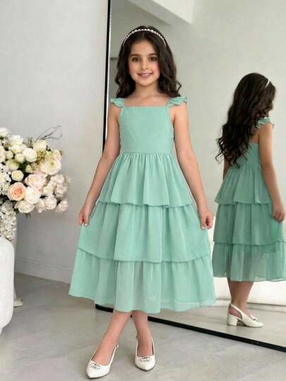 Pitira Tween Girls Partywear Green Solid Chiffon Cap Sleeve Ruffle Waist Midi Princess Dress, Suitable For Flower Girl, Wedding Season, Valentine's Day, Party, Birthday, Spring Festival And Other Occasions