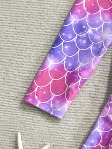 SHEIN 少女假日海滩度假美人鱼鳞片印花连体泳衣，喇叭裙摆，长袖，拉链 - 彩色 - 查看 6