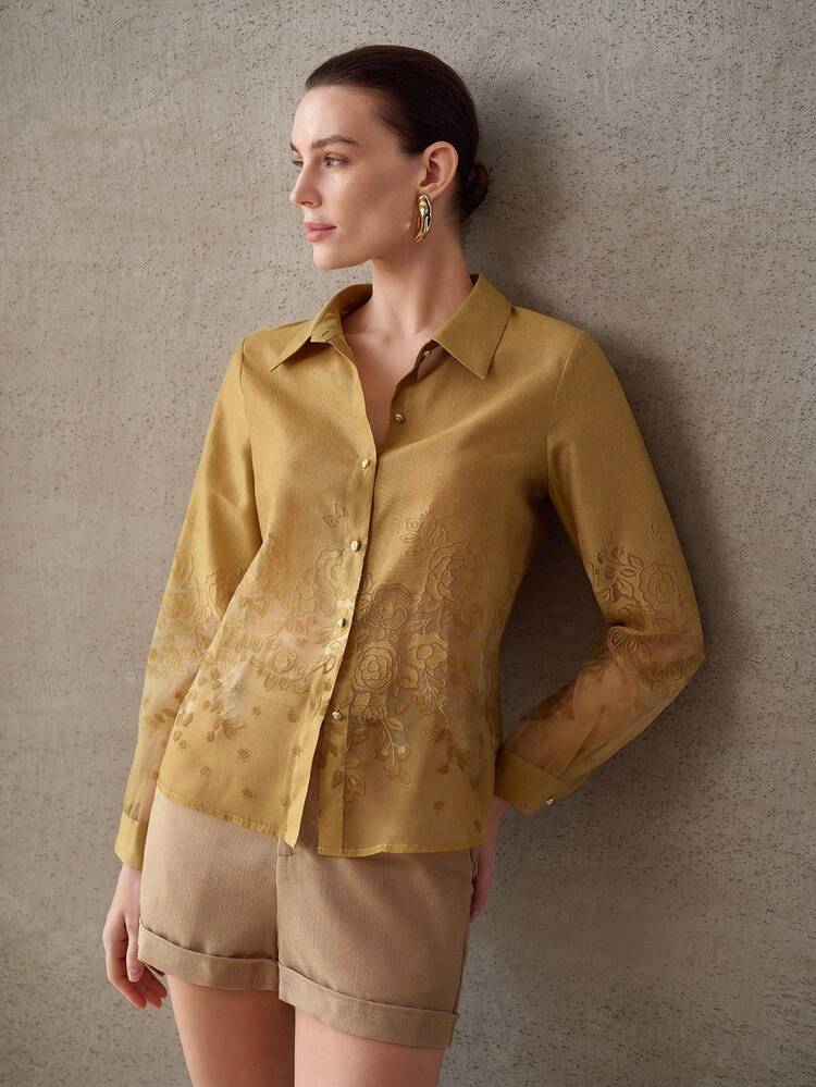WOMEN'S FASHION JACQUARD BUTTON UP BLOUSE