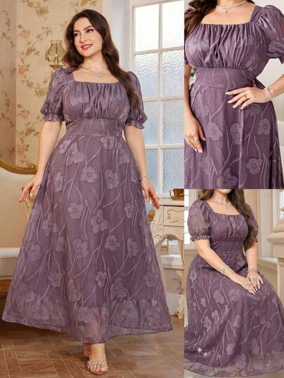 Reflora Vestido midi elegante de estilo vacacional para mujer talla grande con cuello cuadrado de jacquard, mangas de pétalos y cintura ceñida