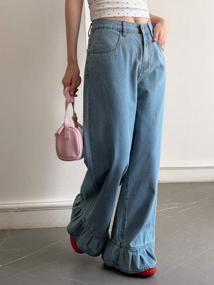 Women's Regular Waist Lace Patchwork Loose Straight Leg Jeans, Casual Denim Pants