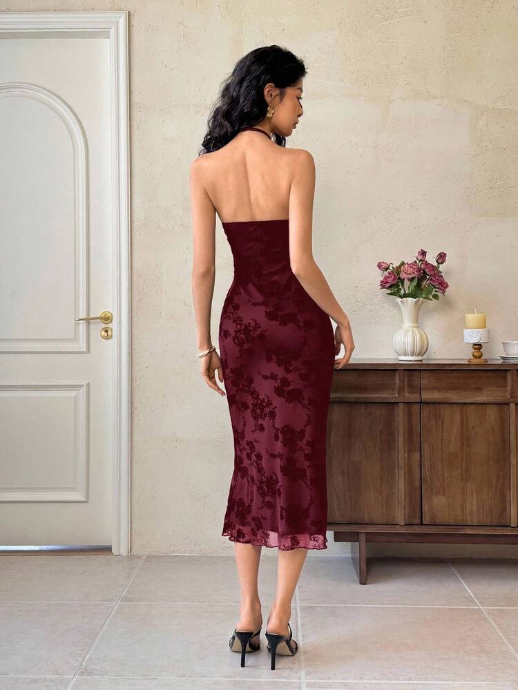 EastFlair Women's Elegant Floral Print Mesh Backless Midi Dress, Sexy & Fitted Winery Dresses For Women Wine Dress   Dress For Wedding Guest   , Wedding Guest Dress Elegant  Wedding Guest Dress Women   Fall Clothes For Women  Christmas Women's Clothing/Summerr\Flower\Party/ Summer Dress/Elegant Dress/Party Dress - Burgundy - View 6