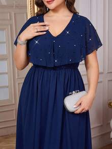 SHEIN Clasi Plus Size Women Navy Blue Elegant Summer Wedding Guest Dress,Pearl Decor V-Neck Long Party Dresses,Formal Ceremony Graduation Outfit,Mother Of Bride - Blue - View 2