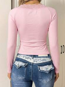 SHEIN EZwear 女士浅粉色撞色蕾丝长袖修身针织T恤，适合情人节穿着 - 淺粉色 - 查看 2