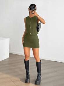 SHEIN EZwear Bộ đồ nữ màu trơn gồm áo vest một hàng cúc và chân váy ngắn, kiểu dáng thường ngày. - xanh quân đội - Xem 4