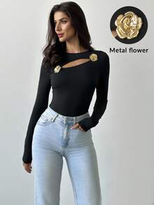 Firerie Elegant Sophisticated Fashion Hollow Rose Metal Ornament Black Tight Long Sleeve T-Shirt For Women Fall Casual Chic - Black - View 9