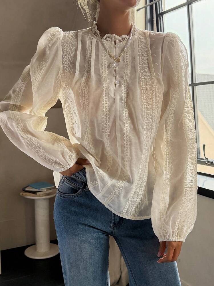 Jacquard Fabric Splice Ruffle Petal Sleeve Loose Casual Vacation Summer Top, Women Blouse